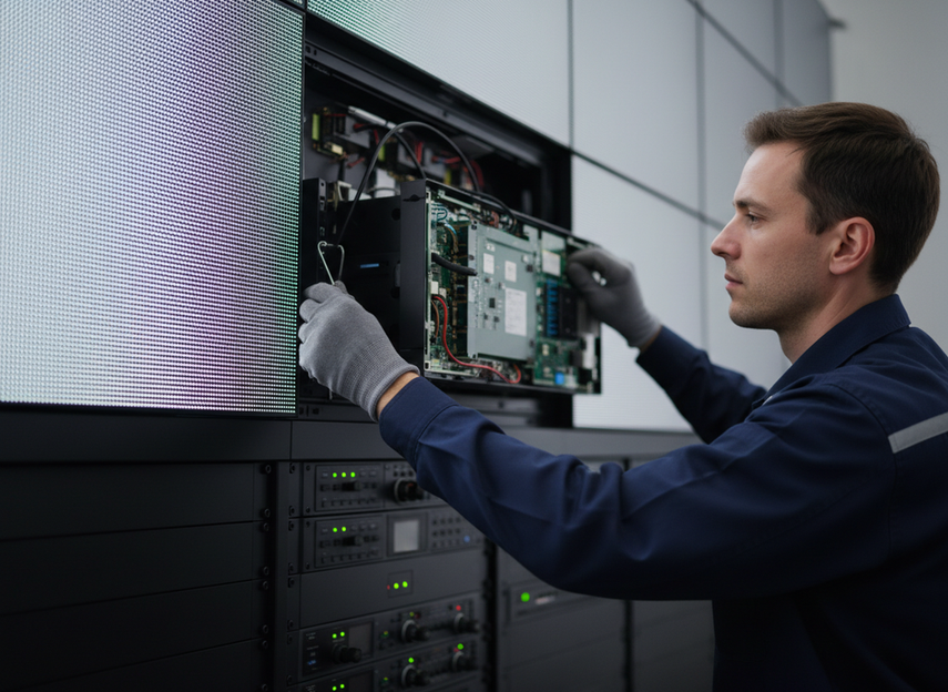 Technician inspecting a front-serviceable LED wall module in a control room, focused on maintenance access and repair workflow