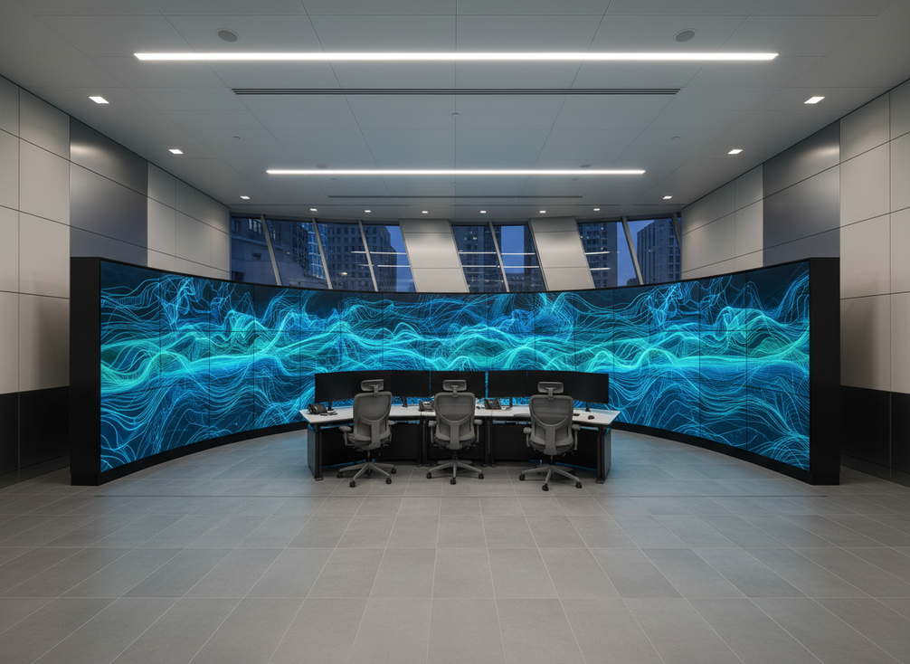 Curved LED video wall wrapping around a control room with operators viewing multiple screens, highlighting layout and sightline considerations