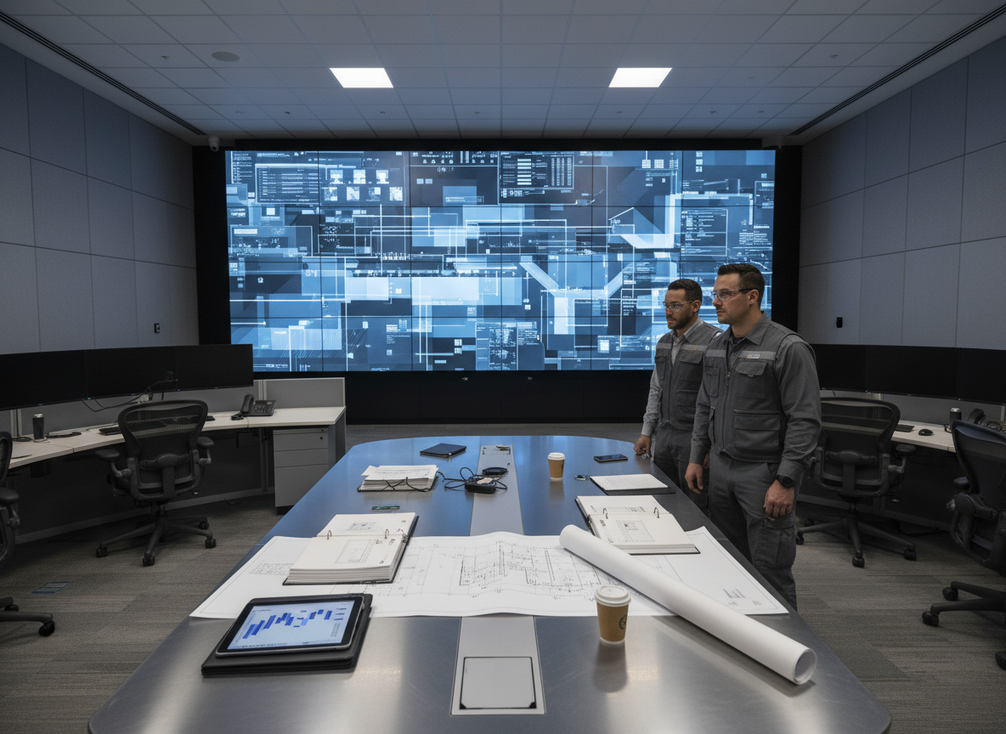 A modern control room LED video wall under maintenance planning with technicians reviewing service readiness and spare parts in a mission-critical environment.
