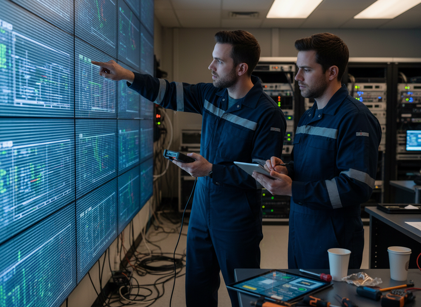 Technicians performing a quick LED wall service check beside a large display in a command center, with one person monitoring a handheld checklist and another inspecting the wall from the floor.