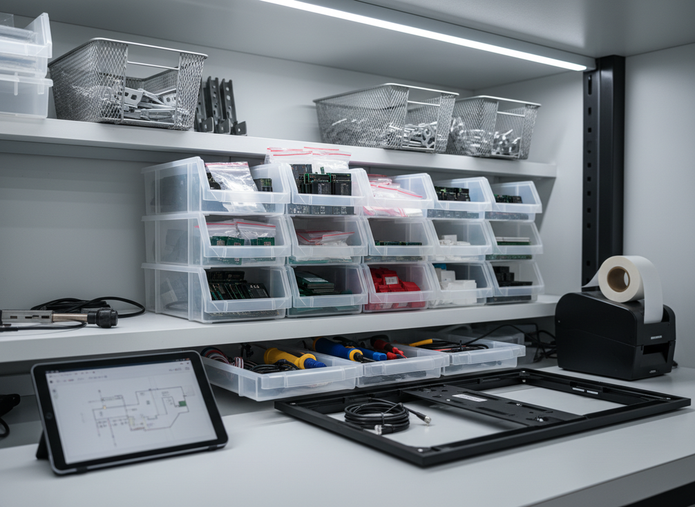 A close-up view of spare LED wall components, packaging, and organized storage bins prepared for fast replacement in a support warehouse or service room.