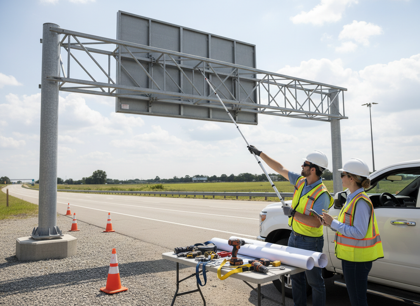 Two engineers measuring a cantilever sign structure beside a highway with rolled drawings and tools on a field table