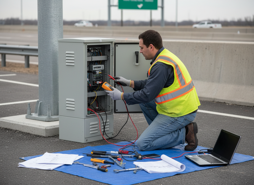 Technician testing a roadside sign controller cabinet with a multimeter, drawings and a laptop laid out on the pavement