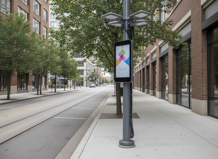 Smart pole LED display mounted on a city street pole with municipal staff reviewing maintenance access and system ownership.