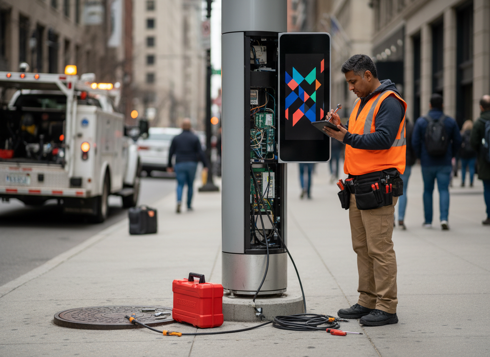 Municipal technician checking a smart pole LED display cabinet and service access at street level.