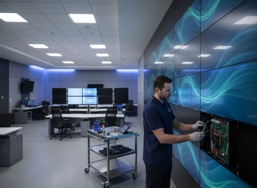 Front access fine-pitch LED wall in a control room with a technician removing a display module from the front side