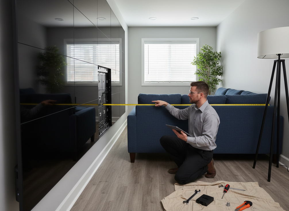 Technician planning front service LED wall maintenance access in a tight wall-mounted installation