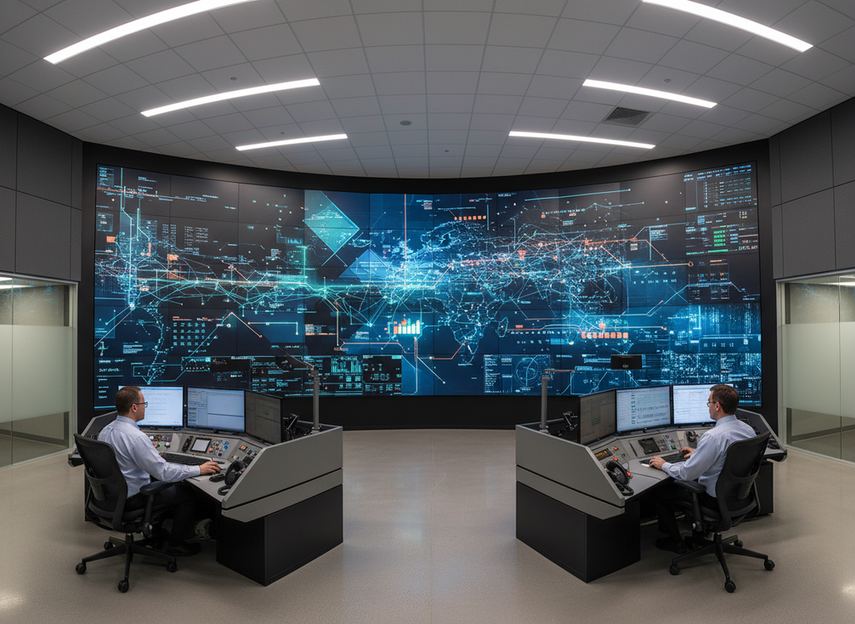Control room LED video wall processor selection in a modern operations center with multiple status screens and operators viewing a large wall