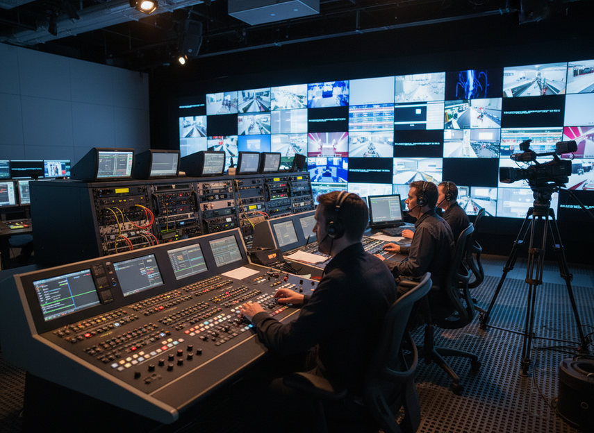 Broadcast control room LED wall processor workflow with cameras, switcher desk, and synchronized video wall during live production