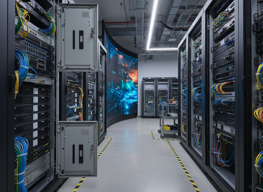 Mission critical LED wall processor selection in a control room showing redundant hardware racks, operator workstation, and wall display for uptime planning