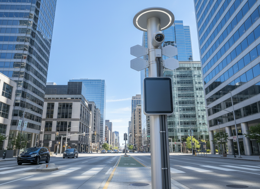 Smart city pole with multiple attached devices on a streetscape, shown as a municipal infrastructure hero image