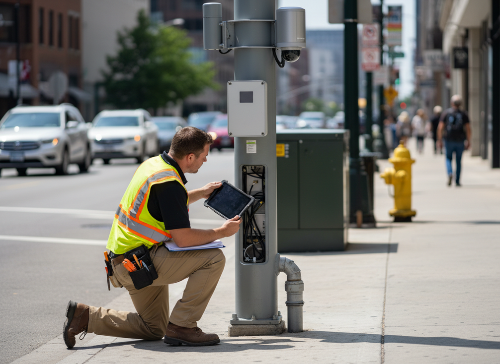 City technician inspecting a smart pole base and attached equipment in the field