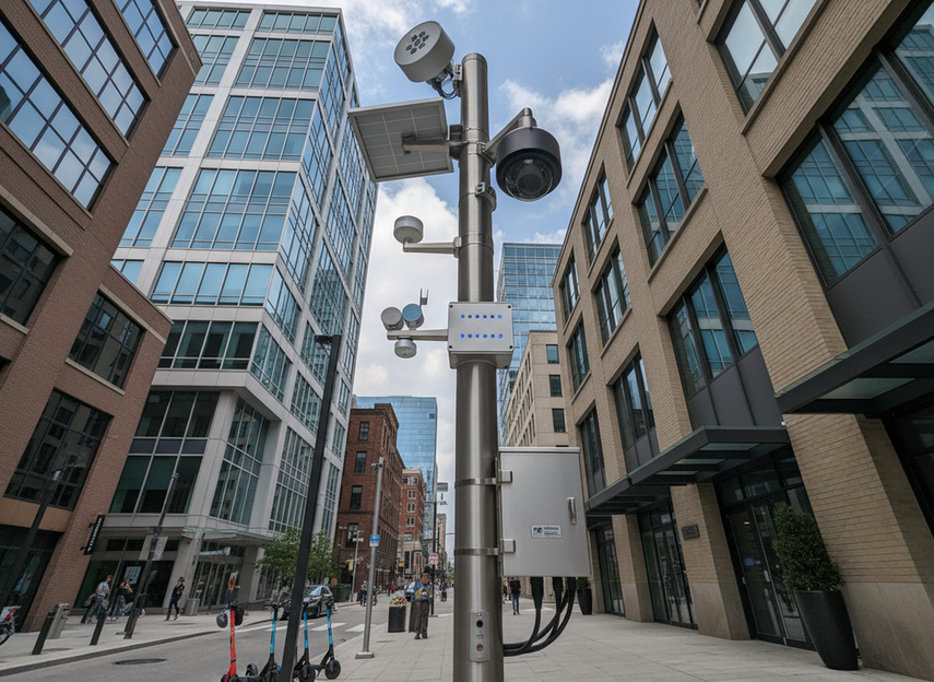 Mounted smart pole display and attached city hardware shown from below on an active street