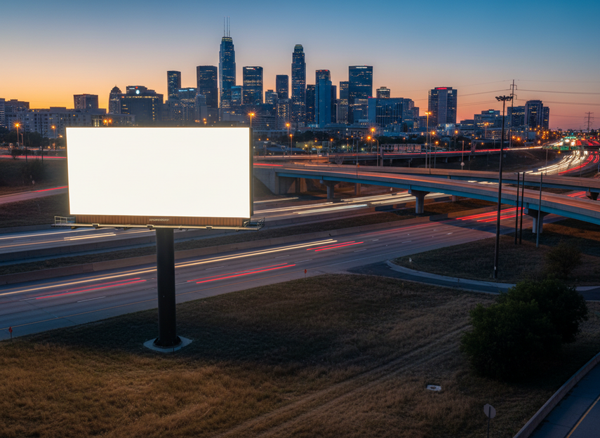Outdoor digital billboard along a roadside at dusk, bright LED display visible from traffic, wide editorial view