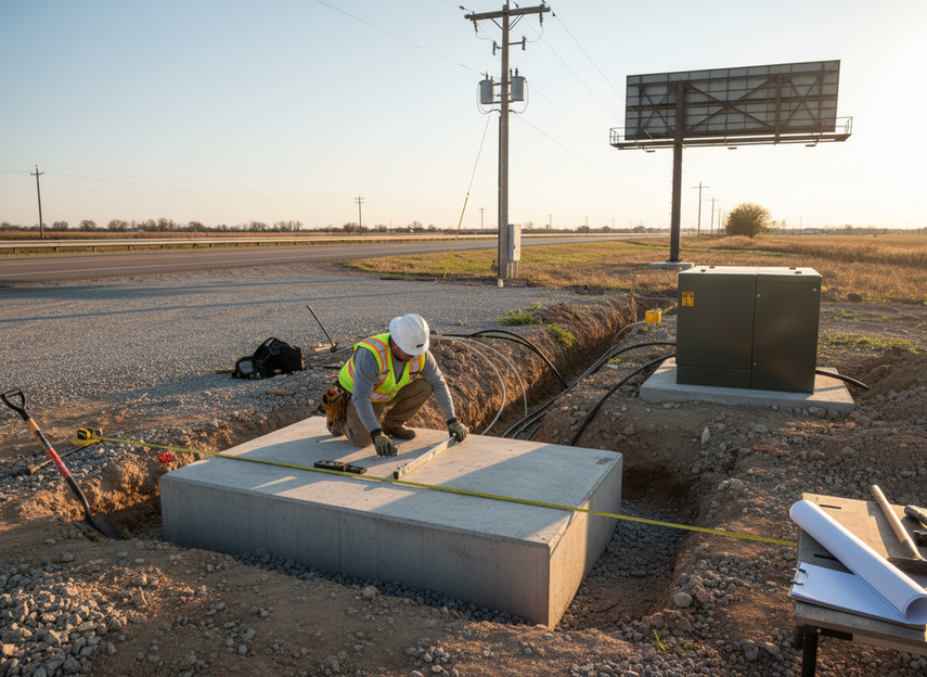 Outdoor digital billboard at a roadside site with a technician checking power and mounting access near the structure