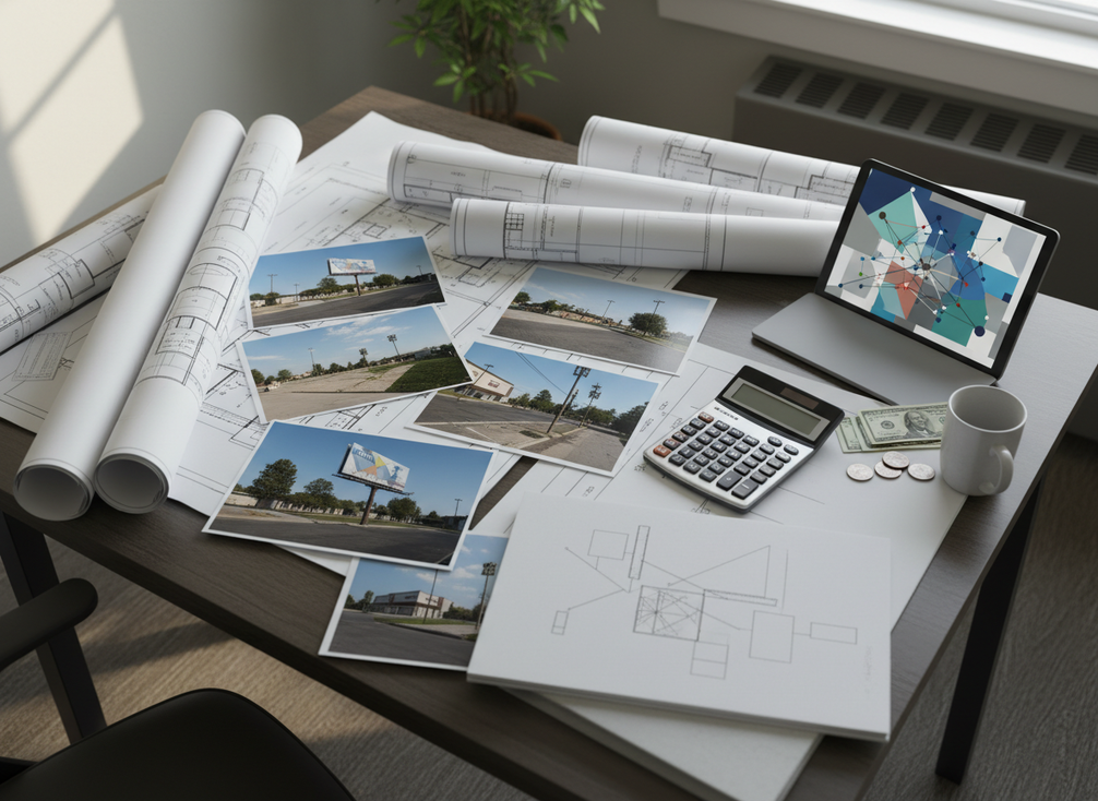 Digital billboard planning desk with permit drawings, site photos, calculator, and utility notes for an outdoor LED project