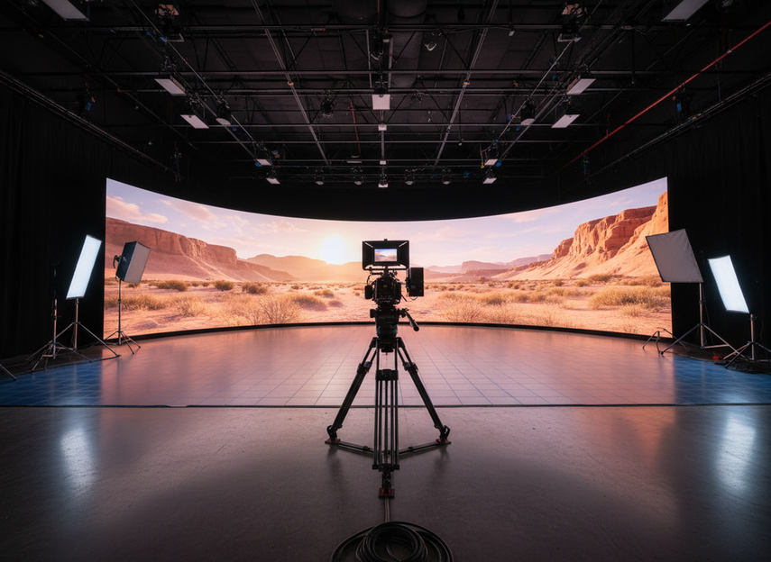 XR LED wall in a virtual production studio with a camera on tripod, showing a clean wide stage setup