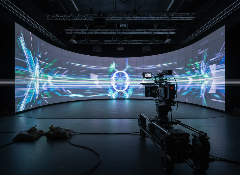 XR LED wall test setup with a camera showing a panning shot in a studio environment
