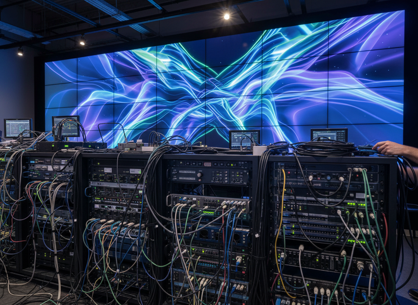 LED wall processor and sync workflow in a production control area beside a virtual production screen