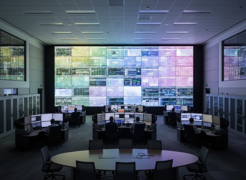 24/7 command center with a large LED video wall showing subtle brightness and color mismatch across adjacent sections