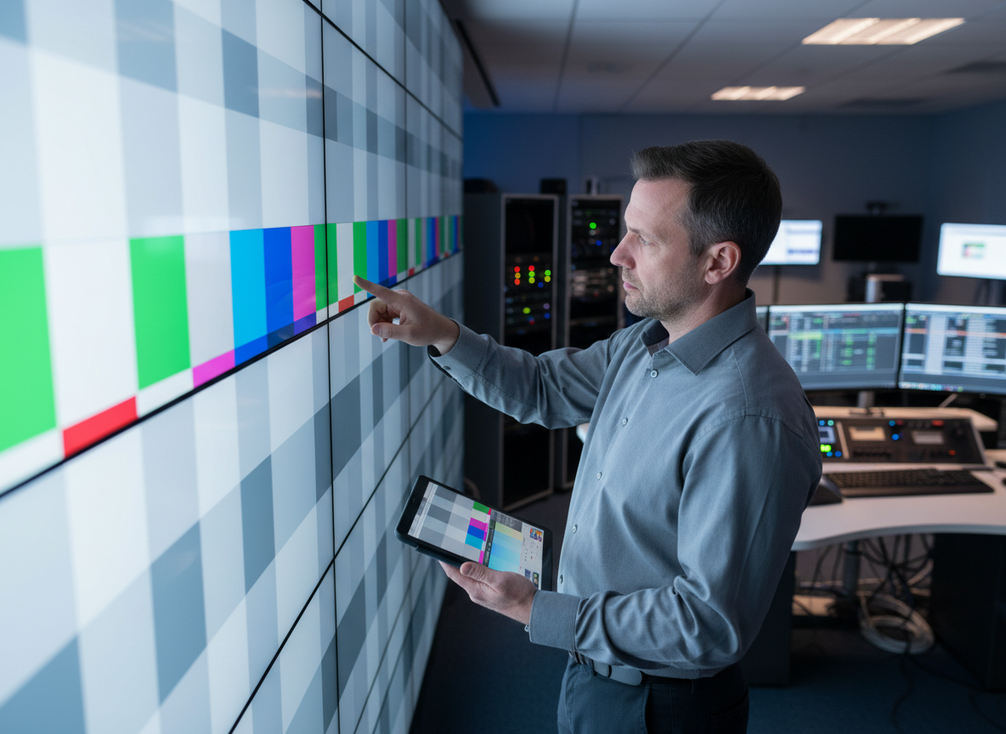 Technician checking LED wall uniformity in a control room using a test pattern and handheld inspection tools