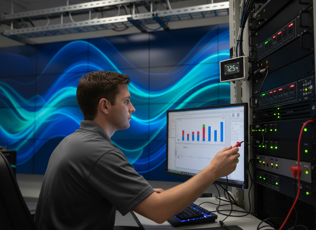 Maintenance operator reviewing calibration settings beside an LED wall after a room temperature and power stability check