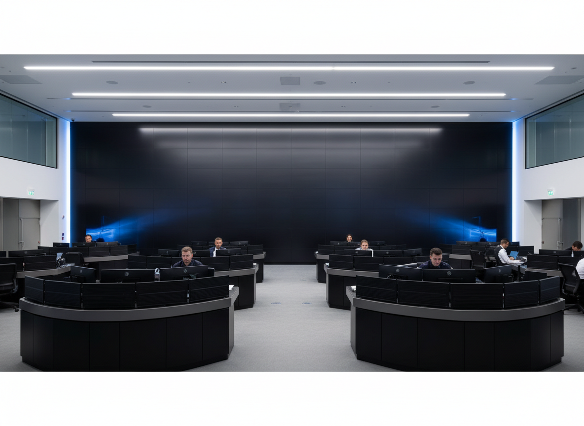 24/7 command center with a large LED video wall showing a clean, protected front surface in a modern control room