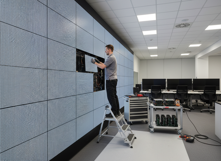 Technician inspecting a modular LED wall section in a control room during planned maintenance