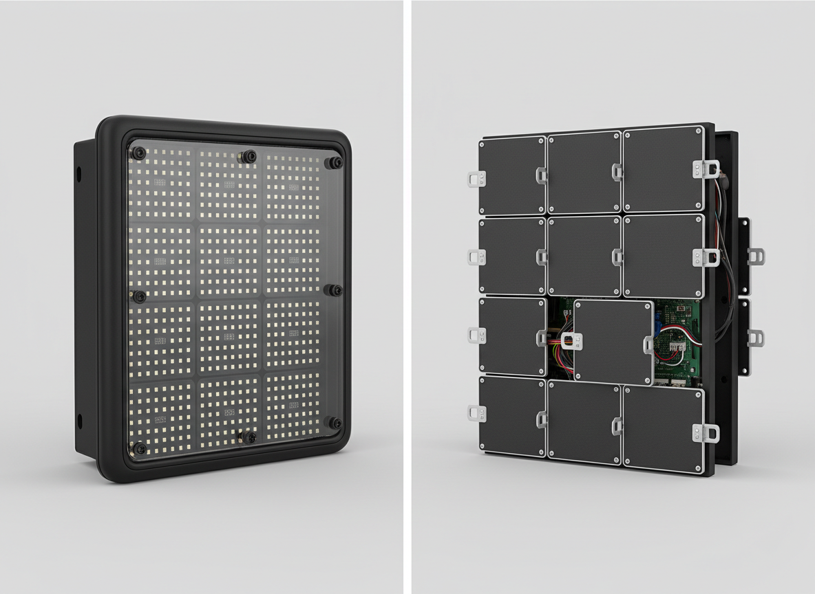 Comparison view of two fine-pitch LED wall sections showing one more protected surface and one more exposed service setup