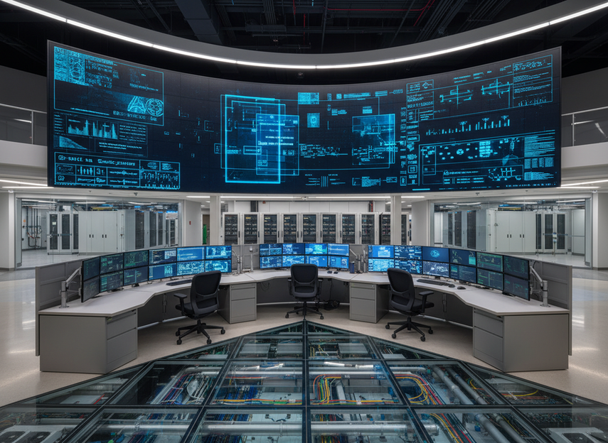 Mission control room with a large LED video wall and visible backup power and signal paths supporting uninterrupted operation