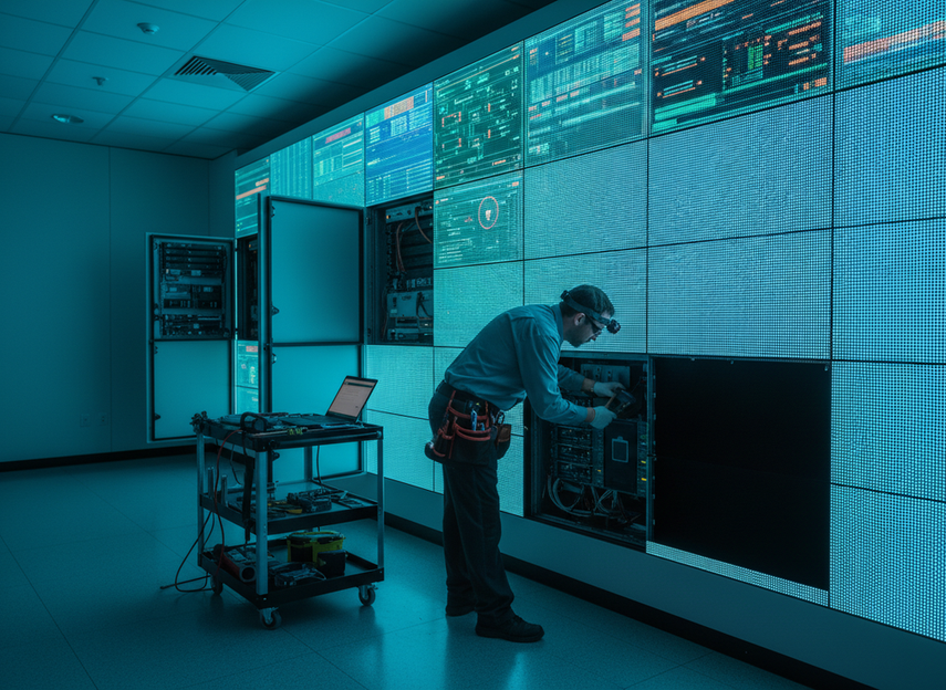Technician in a control room checking a segmented LED wall with one section isolated while the rest stays active
