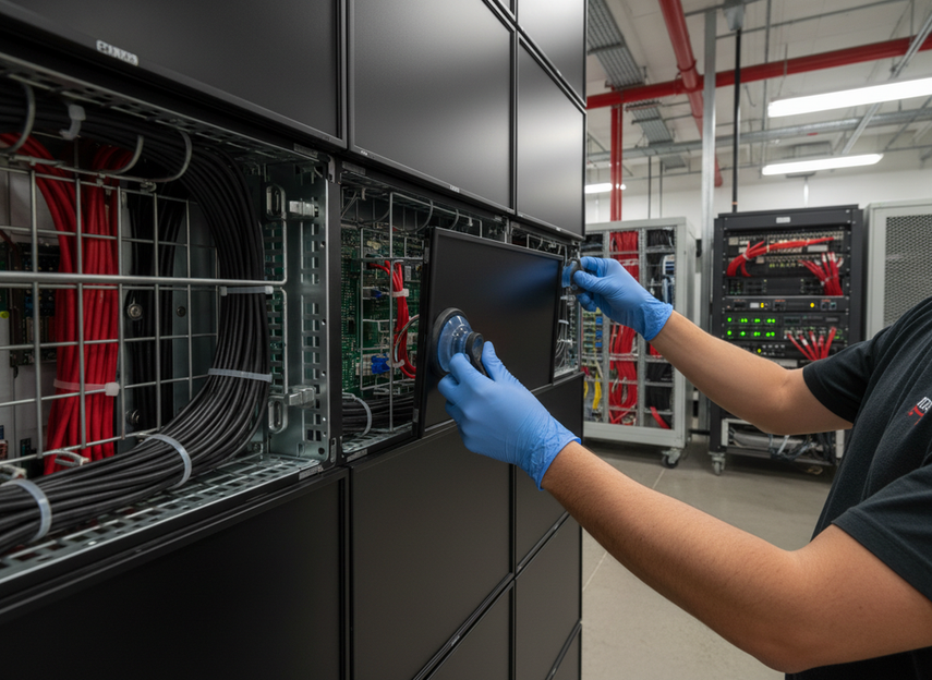Close view of a service technician replacing a wall display module and checking connected backup lines during maintenance