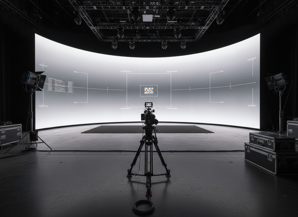 Camera-safe LED wall setup on an XR stage with a cinema camera on a tripod facing a large illuminated video wall during a production test