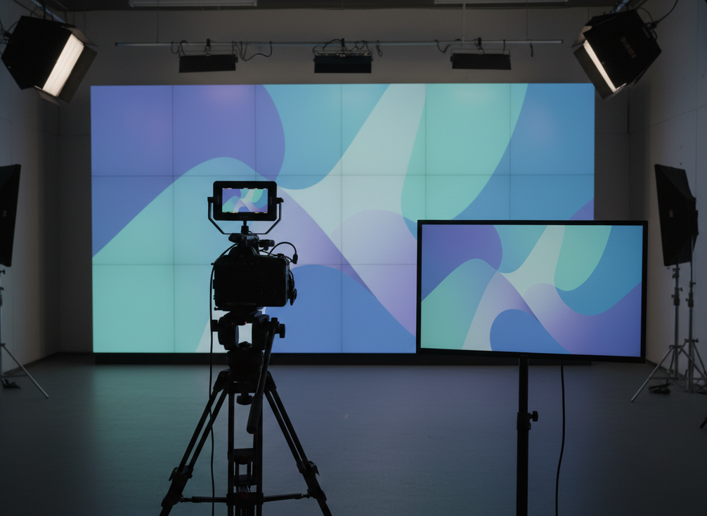 Operator checking an XR LED wall camera test with a camera, monitor, and lit display panels in a studio environment
