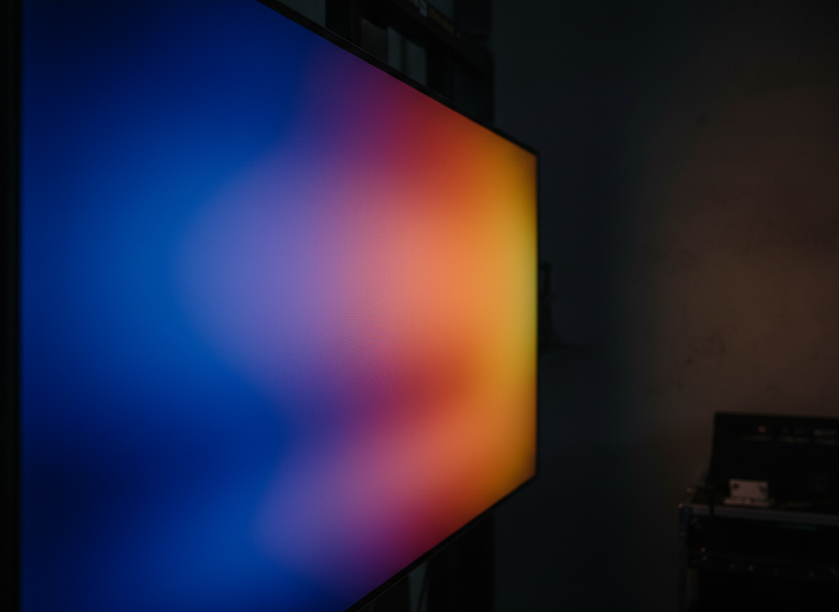 Close view of smooth color gradients on an LED wall during a calibration check for virtual production image quality