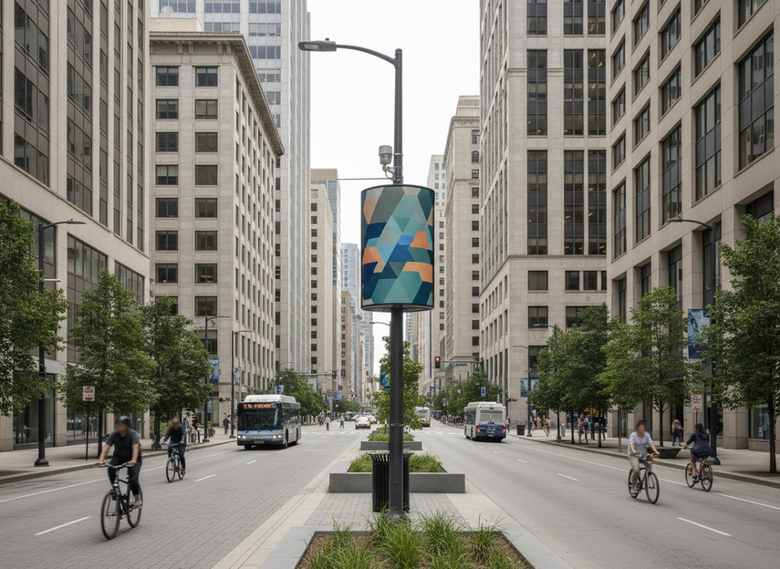 Smart city pole-mounted LED display on a downtown streetscape with city infrastructure and review documents implied