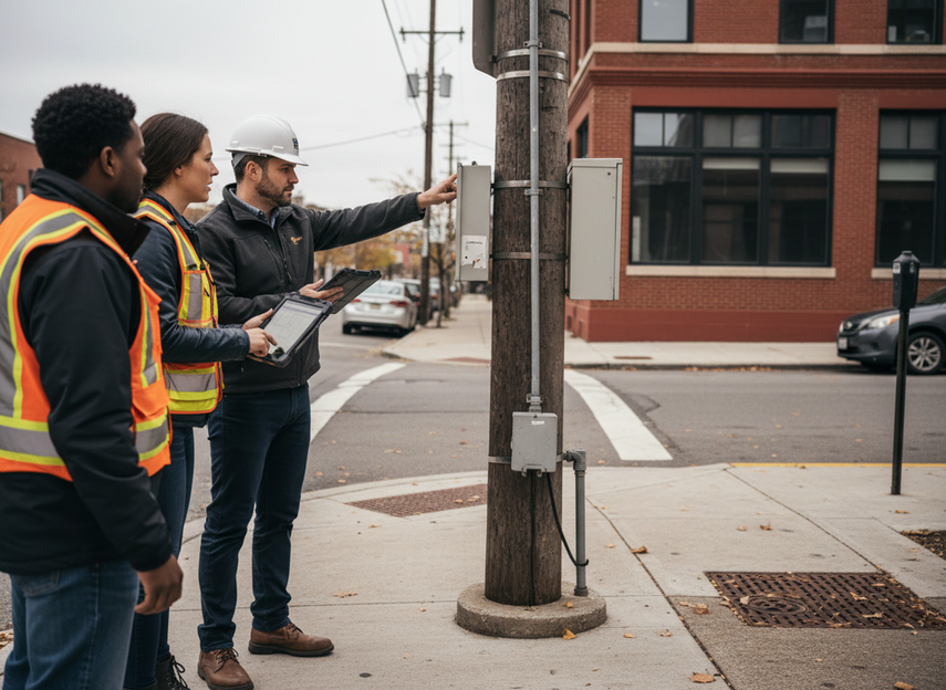 Municipal staff reviewing a smart pole LED display site plan near an installed pole and utility access point