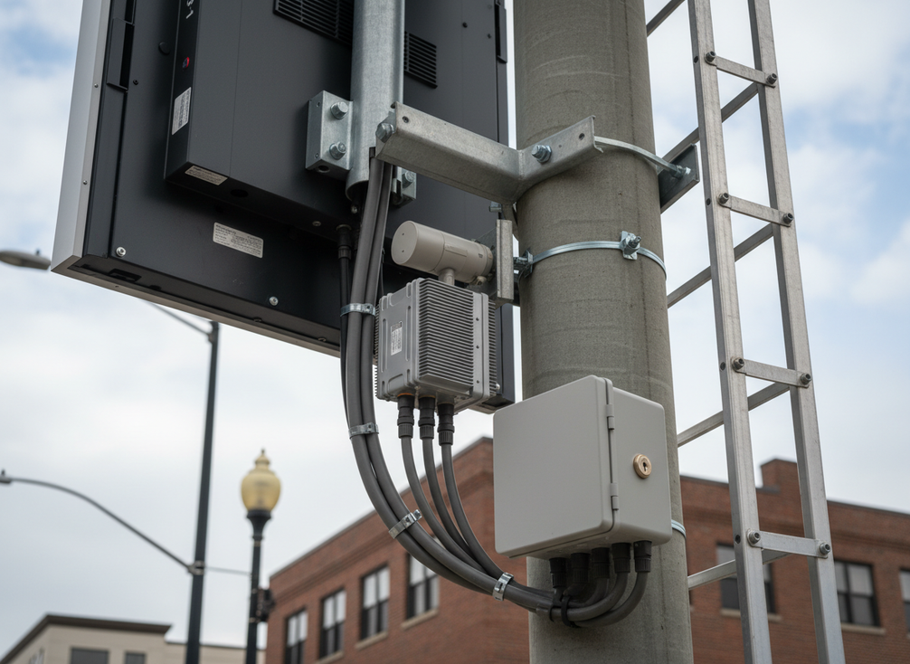 Close view of a pole-mounted LED display with attached communications equipment and maintenance access details in an urban setting