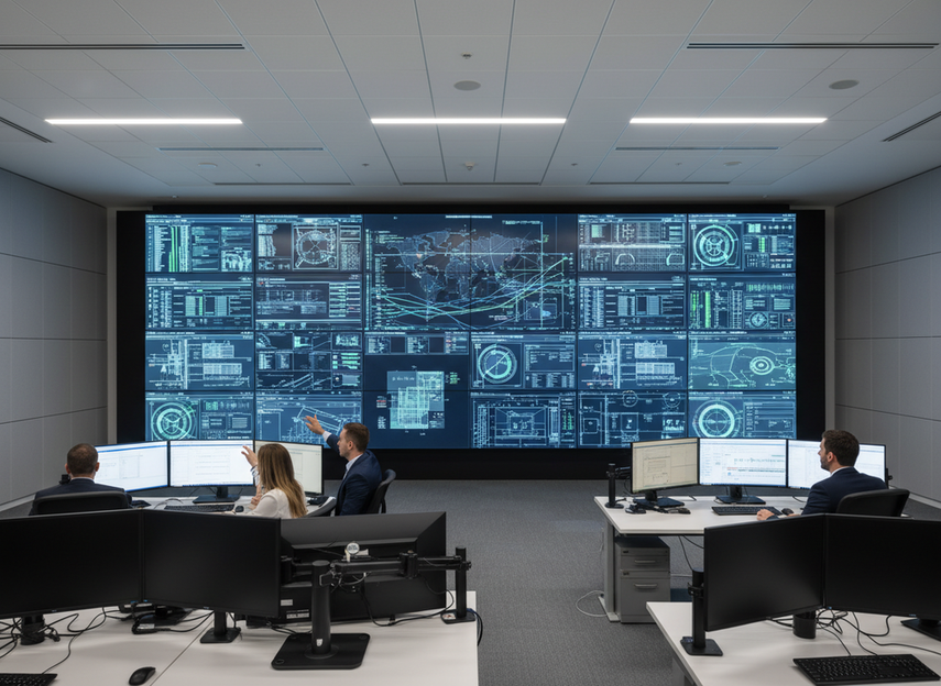 A large indoor LED video wall in a modern control room with operators viewing a clean, uniform display