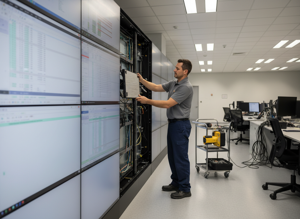 Technician replacing a module on an indoor LED display wall from the front in a control room environment