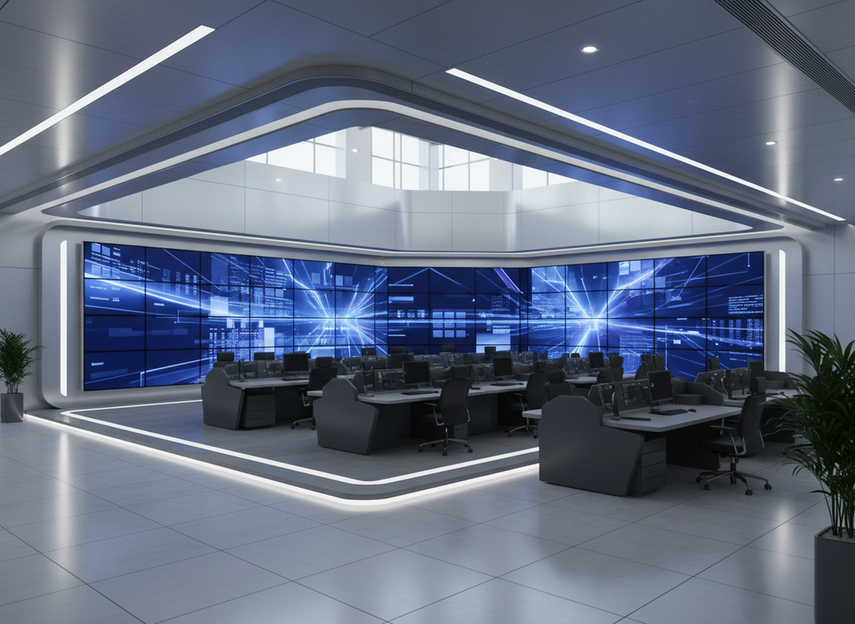 Curved indoor LED video wall installed around a corner in a studio or command environment