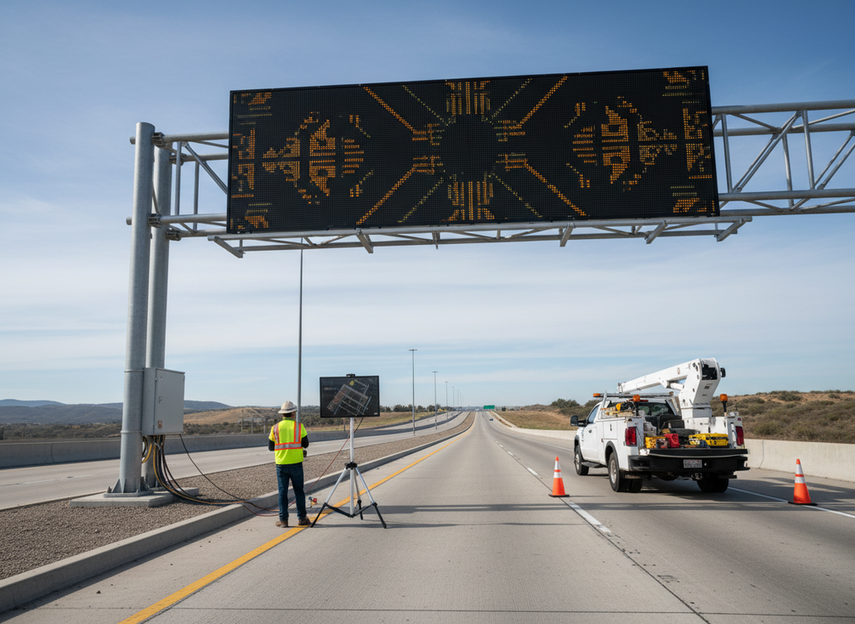 Networked highway variable message sign in a roadside maintenance setting with a technician reviewing secure access on a tablet near the control cabinet