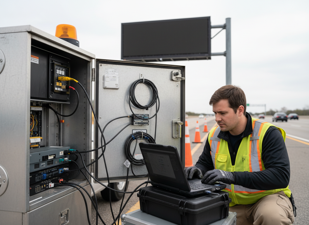 Technician connecting a laptop to a highway VMS control cabinet in a secure maintenance area beside the roadway