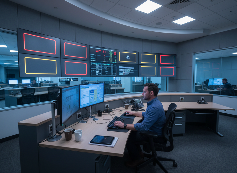 Network operations room with a traffic engineer monitoring multiple isolated VMS connections and event logs on large displays