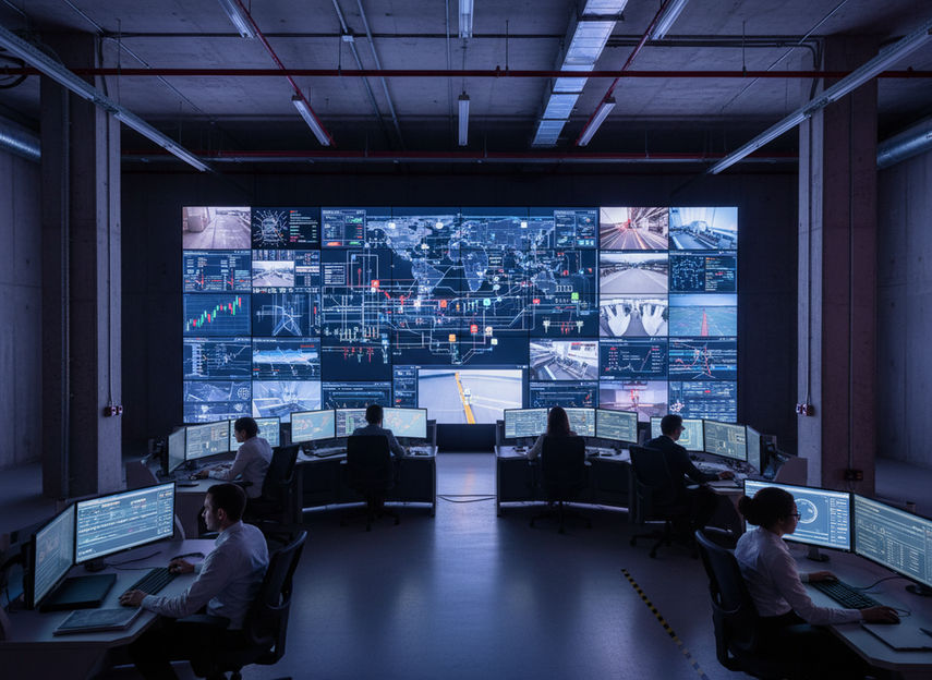 Control room LED video wall in a mission-critical operations center with operators at desks and a large tiled display showing multiple live feeds