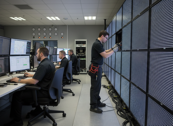 Technician servicing a control room LED video wall from the front while the room stays operational