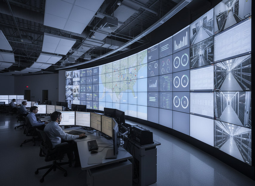 Side-angle view of operators comparing data on a large command center LED wall with multiple panels and uniform brightness