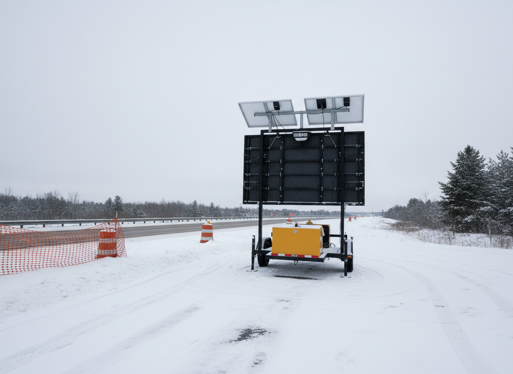 Solar-powered mobile VMS trailer parked in a winter roadside work zone with a blank message board, snow on the ground, and open sky.