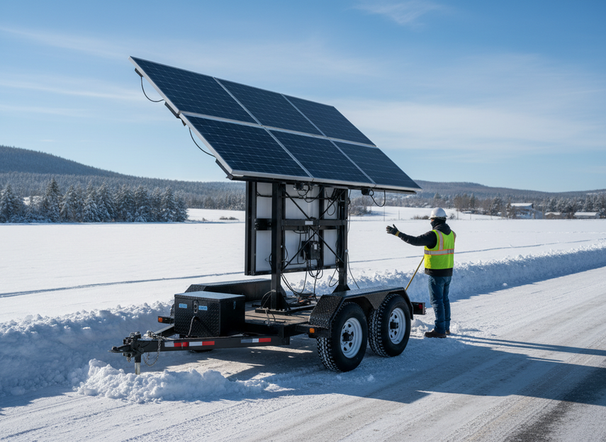 Solar mobile VMS trailer positioned for setup in a snowy roadside shoulder, viewed from a three-quarter angle with the solar array and trailer base visible.