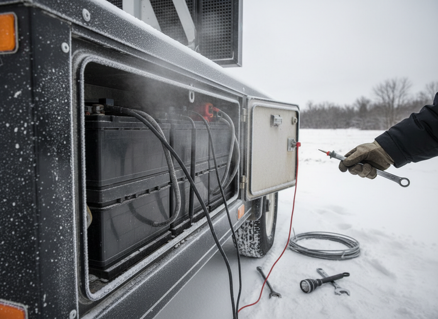 Close view of a solar VMS trailer battery compartment and maintenance access area in cold weather, with frost and service conditions visible.